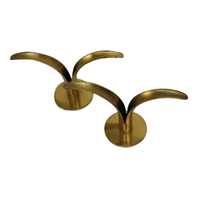 Pair Vintage Brass “Liljan” Candle Holders – Ivar Björk for Ystad Metall – Scandinavian Modern For Sale