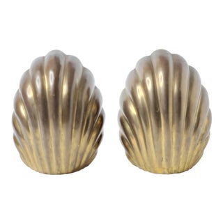 Vintage Deco-Style Heavy Solid Brass Clam Shell Bookends- a Pair For Sale