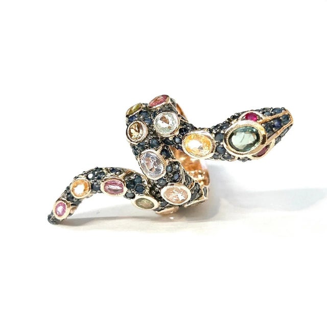 Contemporary Bochic “Orient” Ruby & Fancy Sapphires Serpent Cocktail Ring Set 18K & Silver, Size 4.5 For Sale - Image 3 of 10