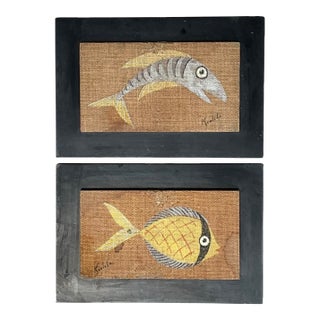 Vintage MCM Fish Motif Paintings on Burlap - Pair For Sale