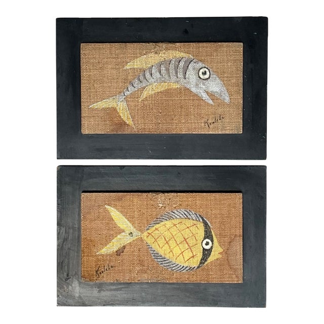 Vintage MCM Fish Motif Paintings on Burlap - Pair For Sale