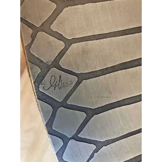 1972 Brutalist-Style Coffee Table; Signed: "G.Urso" on Etched Aztec Design Metal Top; Walnut Base. For Sale - Image 12 of 12