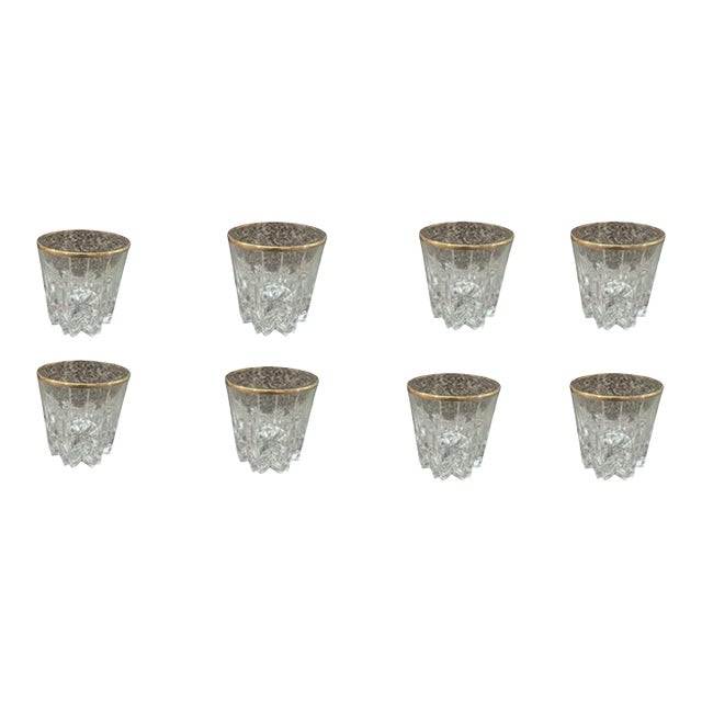 Vintage Set of 8 Whiskey & Scotch Old Fashion Drinking Bar Glasses Gold Rim For Sale