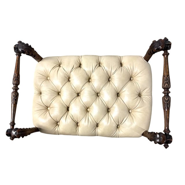 1970s English Carved Dog Face Mahogany Wood Leather Bench For Sale - Image 4 of 15