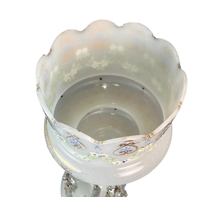 Paint Antique Pair Victorian Enamel Painted Decorated Art Glass Lusters Prisms For Sale - Image 7 of 8