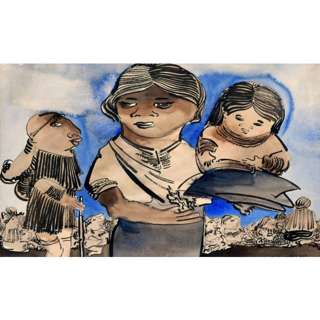 "The Family", a mid century figurative watercolor by Cock Van Gent (American/Dutch, b. 1925). Presented in a rustic wooden...