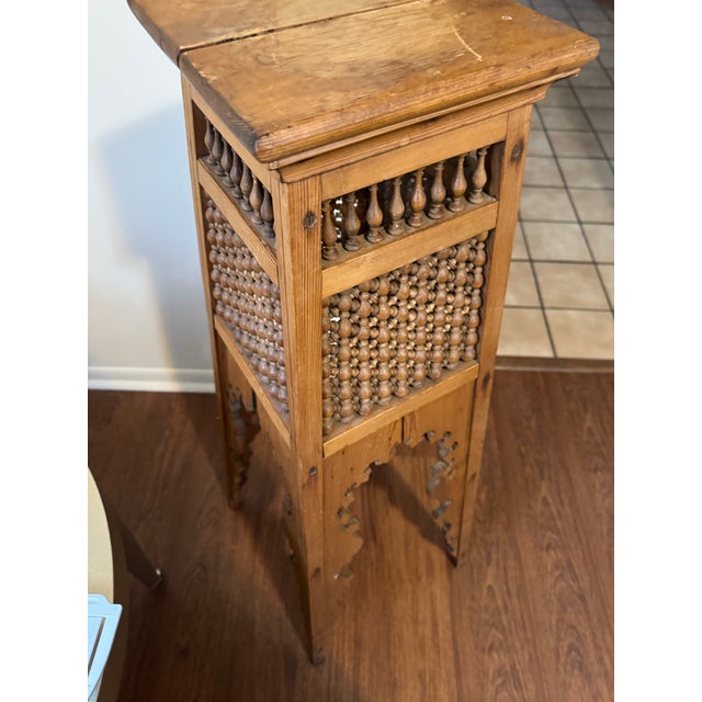 Islamic Antique Moorish Pedestal Plant Stand Carved Wood Moucharabieh Lattice Table 40" For Sale - Image 3 of 8