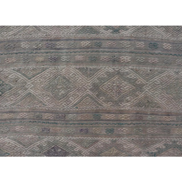 Mid 20th Century Mid 20th Century Vintage Turkish Flat-Weave Kilim With Stripes and Embroideries With Gray-Green For Sale - Image 5 of 12