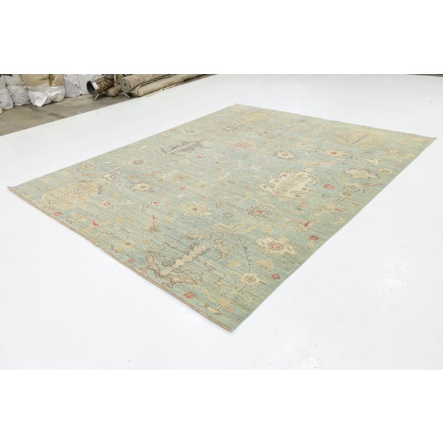 Modern 8x10 Modern Sage Green Oushak Style Hand-Knotted Wool Area Rug - Pastel Floral For Sale - Image 3 of 11