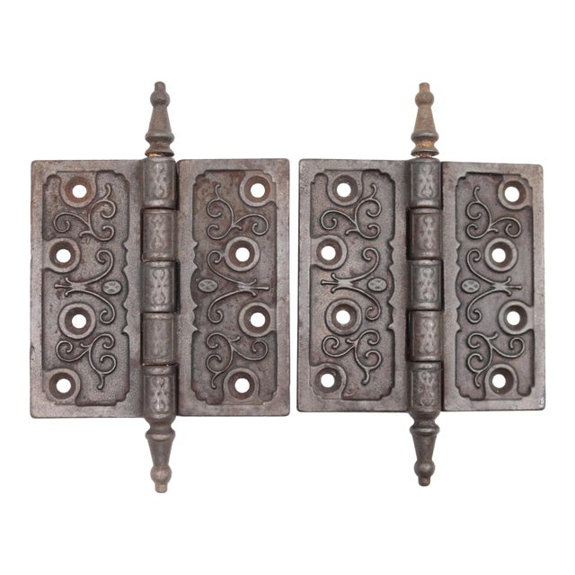 Pair of 4.5 X 4.5 In. Antique Cast Iron Victorian Door Hinges For Sale