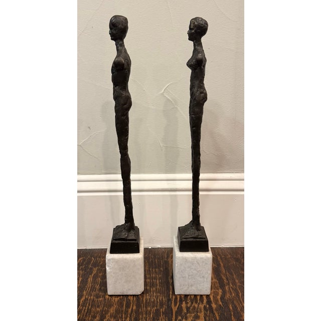 Black Late 20th Century Pair of Giacometti Style Male & Female Figural Sculptures on Marble Bases For Sale - Image 8 of 17