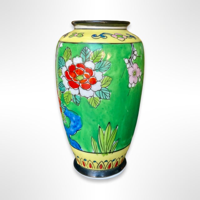1970s Vintage Japanese Hand-Painted Enameled Vase With Birds & Flowers For Sale - Image 5 of 8