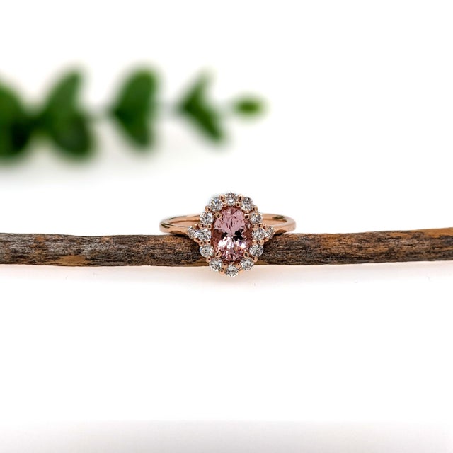 Baroque Pink Morganite Ring With Natural Diamond Halo: Solid 14k Gold, Oval 7x5mm, Size 6.75 For Sale - Image 3 of 6