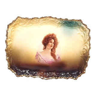 Antique Tray Portrait Curly Auburn Hair Lady Vettori Dresser Dish Austria Porcelain For Sale