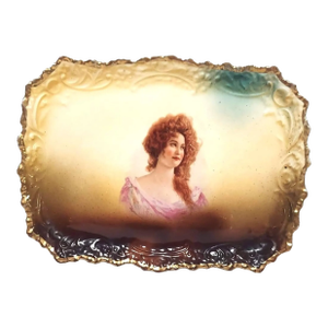 Antique Tray Portrait Curly Auburn Hair Lady Vettori Dresser Dish Austria Porcelain