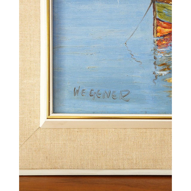 1970s Wegener, Boats on the Lake, 1970s, Oil Painting on Canvas For Sale - Image 5 of 7