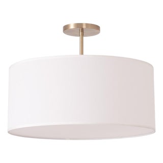 Stretch Semi Flush Mount - Weathered Brass Steel, Drum White Linen Shade, 92" Height, Mid-Century Style For Sale