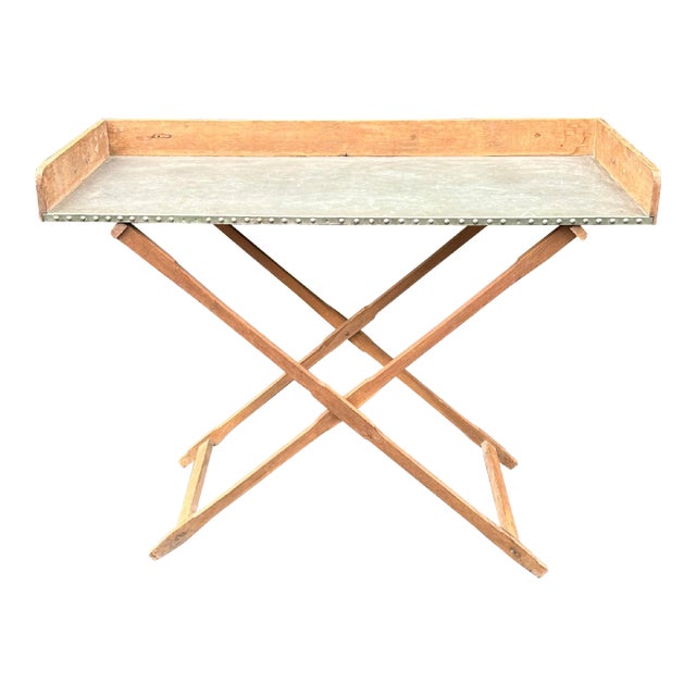 Rustic Zinc Lined Bleached Garden Table Bar Tray on Stand, One of a Kind For Sale