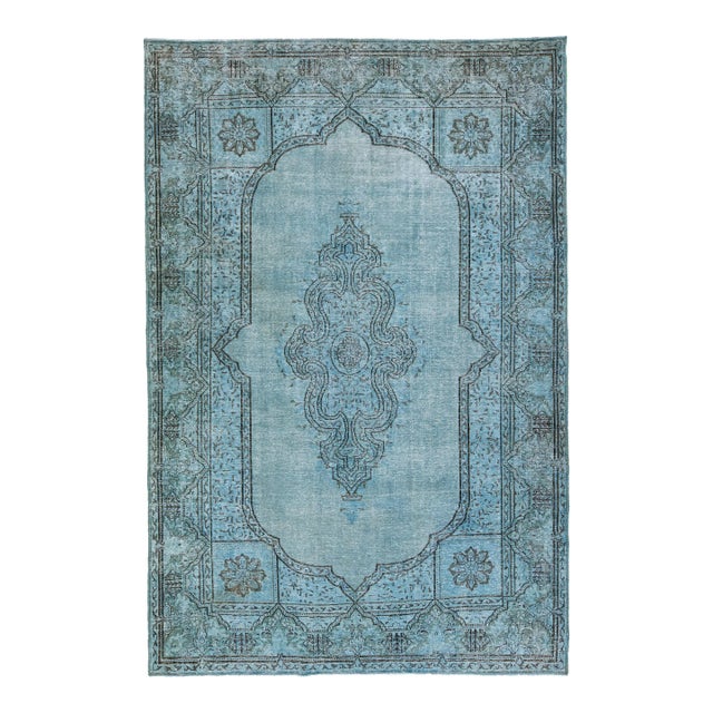 Vintage Persian Overdyed Handmade Medallion Blue Wool Rug For Sale