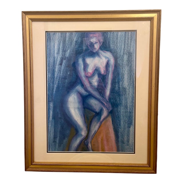 Vintage Cobalt Blue Nude Female Figure Study Framed Painting For Sale