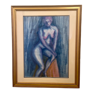 Vintage Cobalt Blue Nude Female Figure Study Framed Painting