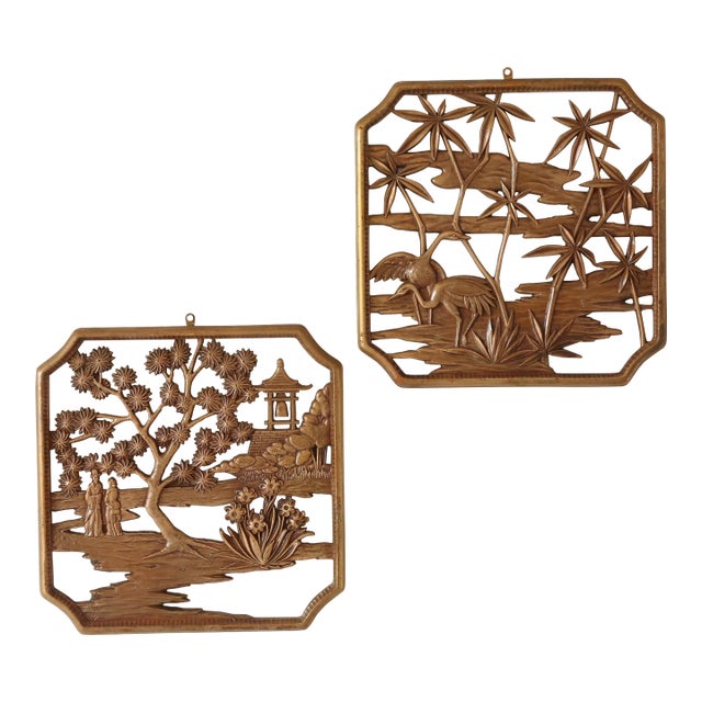 Vintage Chinoiserie Wall Hangings by Syroco Wood For Sale