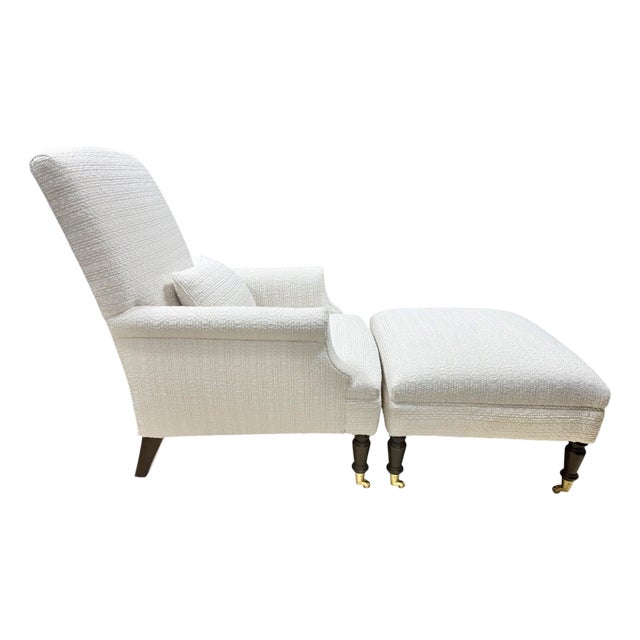 Pearl White Bouclé Chaise Lounge Chair With Matching Ottoman and Kidney Pillow For Sale