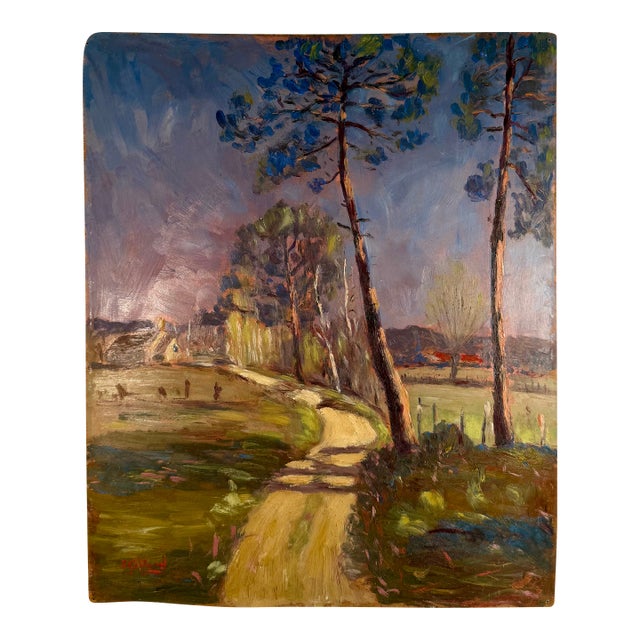 Vintage, French Oil on Board Painting, Rural Landscape, Signed For Sale