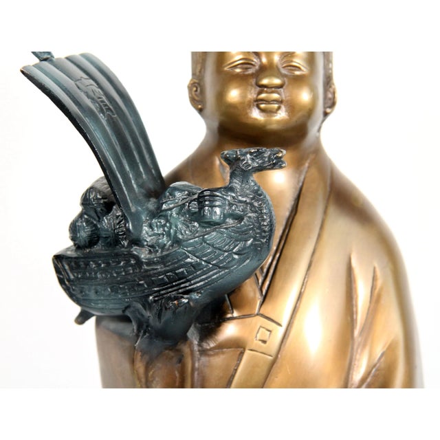Figurative Vintage 1980's Brass Chinese Child With Ship Toy Decorative Figure For Sale - Image 3 of 9
