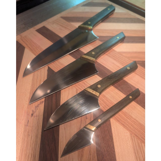 Japanese 1990s Postmodern Joseph DiGangi Designs System II Knife Kiritsuke Blades, Brass & Ebonized Wood, Corian Stand - 5 pcs For Sale - Image 3 of 4