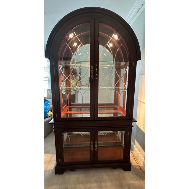 Wood Late 20th Century Philip Reinisch Cherry Finish Lighted Curio With Beveled Glass Doors For Sale - Image 7 of 12