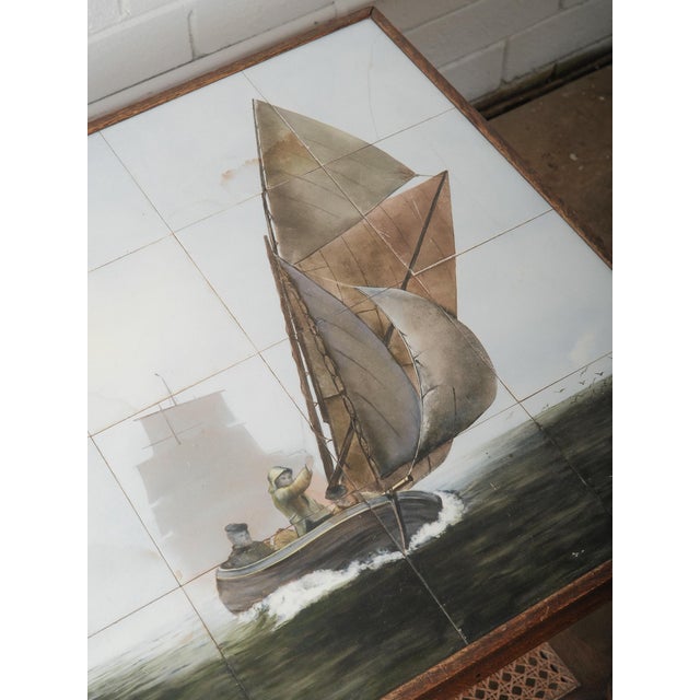 Wood Antique Oak Tile-Top Side Table With Nautical Scene and Barley Twist Legs For Sale - Image 7 of 8