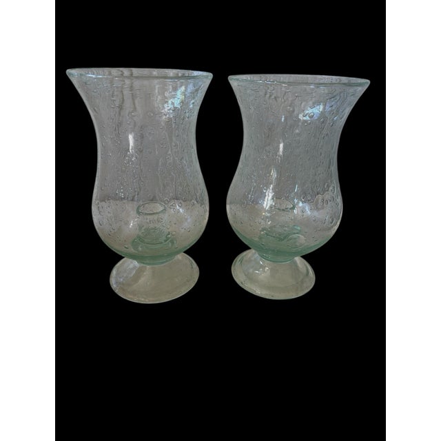 French Mid Century French Biot Pale Green 7” Bubble Glass Hurricane Candle Holders / Photophores a Pair For Sale - Image 3 of 7