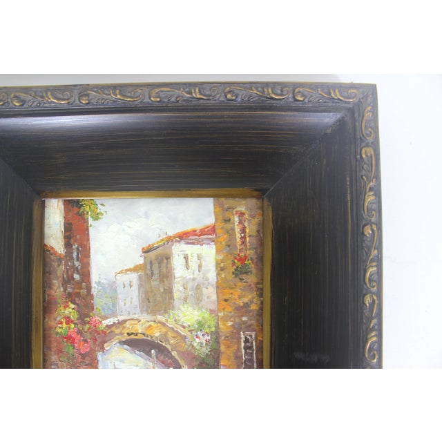 Yellow Vintage European Village Scene Oil Painting, Original Art Gold Washed Plaster Frame For Sale - Image 8 of 13