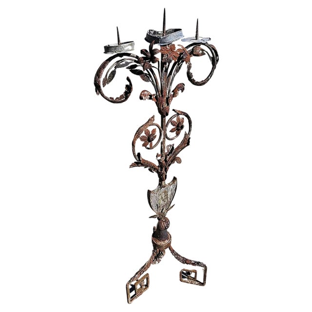 Antique Baroque Wrought Iron 3-Arm Candelabra with Fresco of Saint Joseph For Sale