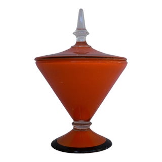 Vintage 1920s Orange Glass Pedestal Candy Bowl With Lid Accented With Black by Lancaster Glass, Cone Shape Candy Dish For Sale
