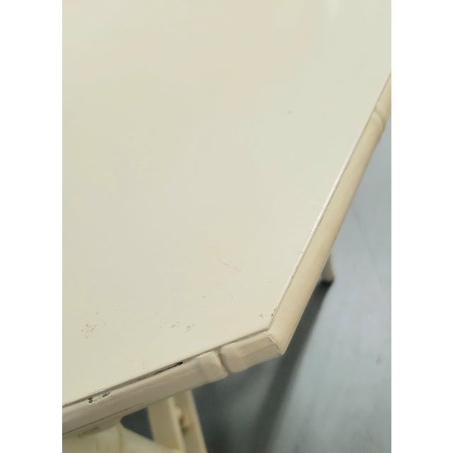 Vintage Off White Fretwork Faux Bamboo Octagonal Oversized Glass Top Side Tables- A Pair For Sale - Image 10 of 11