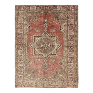 Vintage Turkish Oushak Rug With Geometric Star Medallion in Red, Ivory and Taupe For Sale