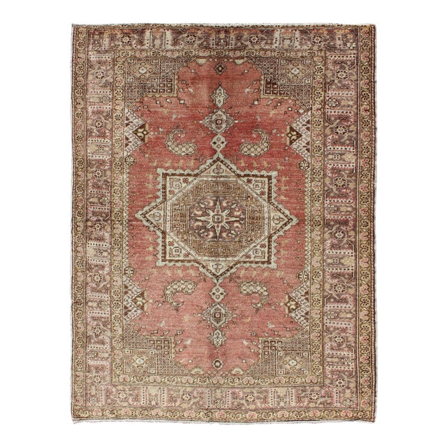 Vintage Turkish Oushak Rug With Geometric Star Medallion in Red, Ivory and Taupe For Sale