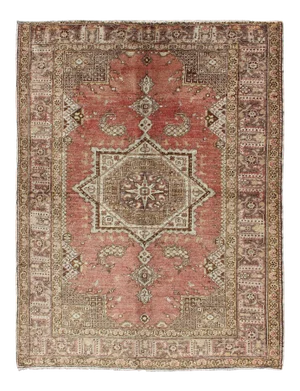 Vintage Turkish Oushak Rug With Geometric Star Medallion in Red, Ivory and Taupe
