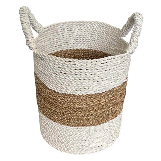 Textile Vintage Woven Seagrass & Cotton Rope Floor Basket For Sale - Image 7 of 12
