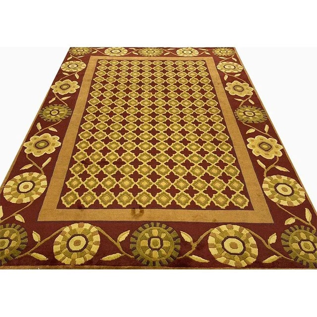 This traditional handwoven Gabbeh rug features a beautiful modern design on a rust background. Accented in shades of...