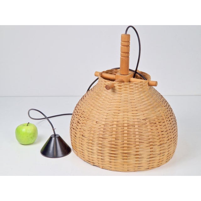 Scandinavian Wicker Rattan and Pine Pendant Lamp, 1960s For Sale - Image 6 of 9