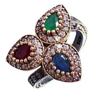 Vintage Natural Ruby, Emerald, Sapphire & Diamond Ring - 925 Sterling Silver Size 8 For Sale