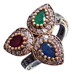Vintage Natural Ruby, Emerald, Sapphire & Diamond Ring - 925 Sterling Silver Size 8