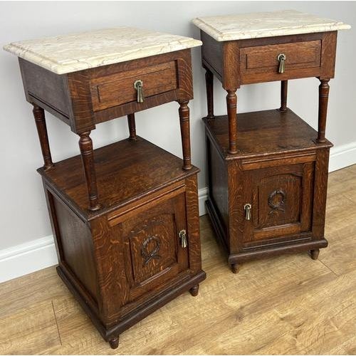 Bedside Tables in Carved Oak with Marble Top, Set of 2 For Sale - Image 3 of 14