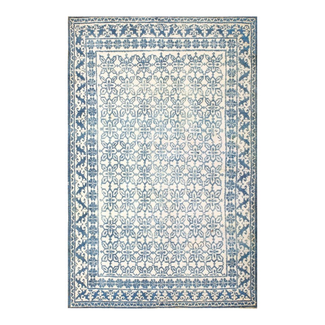 1930s Blue White Floral Antique N. Indian Agra Cotton Carpet 4'6" X 7' Handknotted Rug For Sale