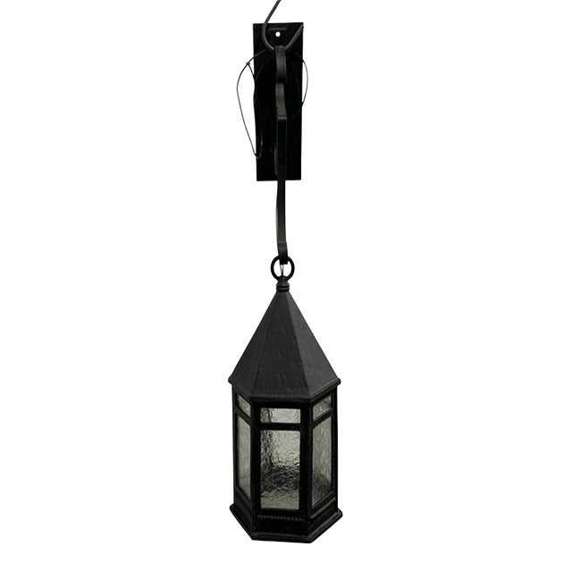 Vintage Gothic Style Iced Glass & Iron Pendant Lantern For Sale