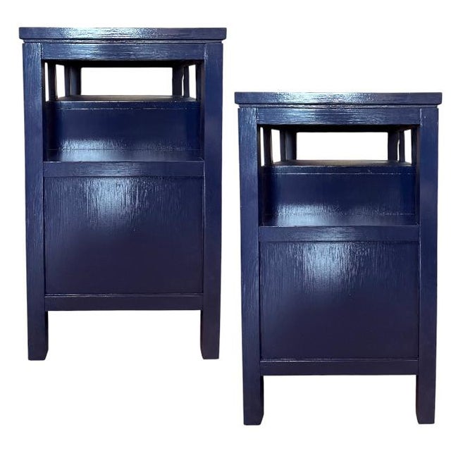 Mid 20th Century Pair of Stanley Furniture Two-Drawer Navy Blue Lacquer Nightstands For Sale - Image 5 of 9