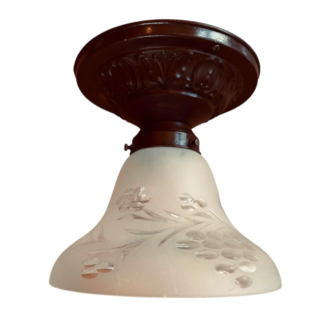 American Frosted and Wheel Cut Leaves and Grapes Pattern Flush Mount Fixture on Painted Embossed Brass Holder, Circa 1920 For Sale - Image 3 of 4